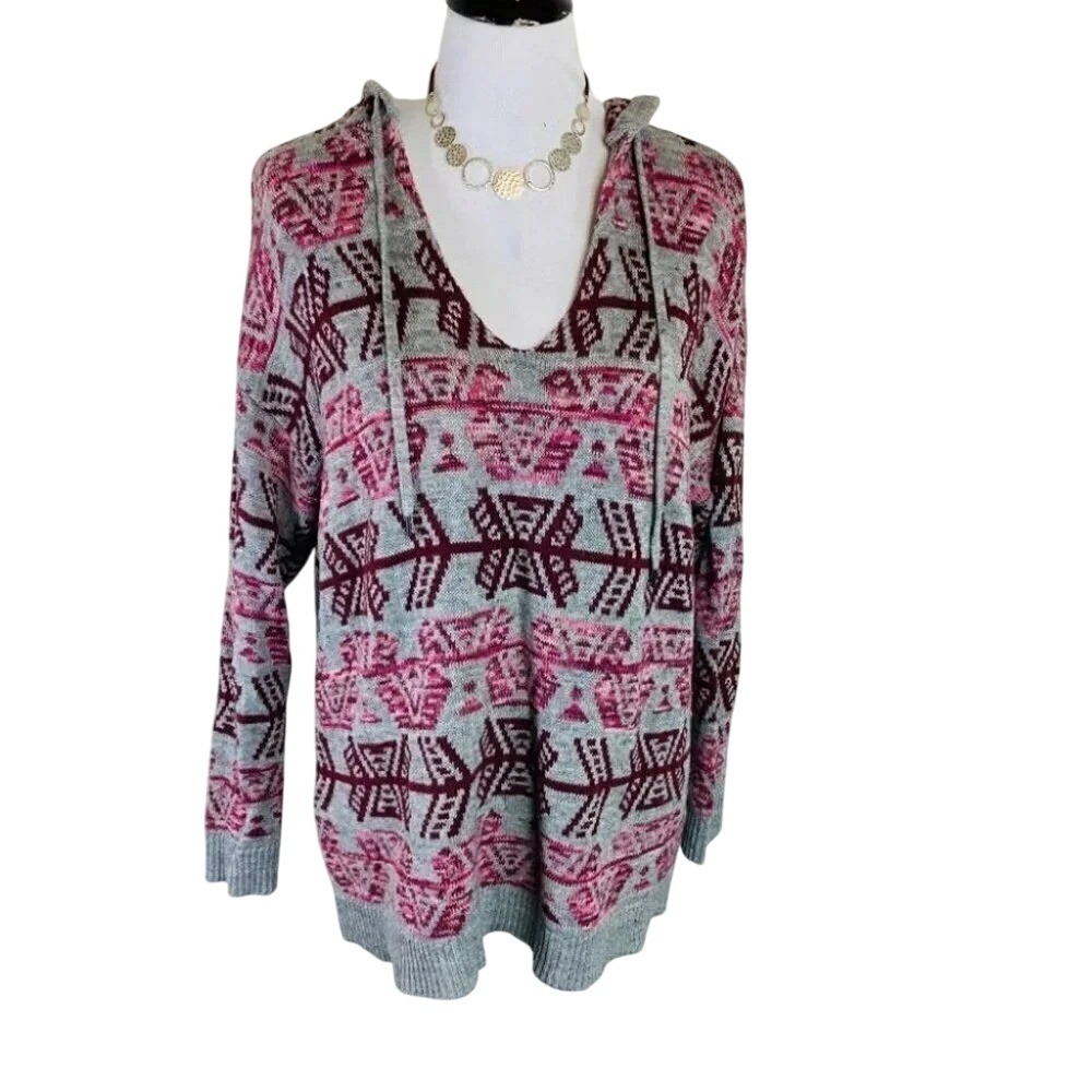 American Eagle Outfitters Aztec Geometric Print Hooded Sweater M Burgundy Pink